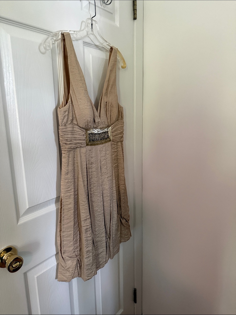 BCBG Tan Sleeveless Deep V Cocktail Dress with Sequin Waist